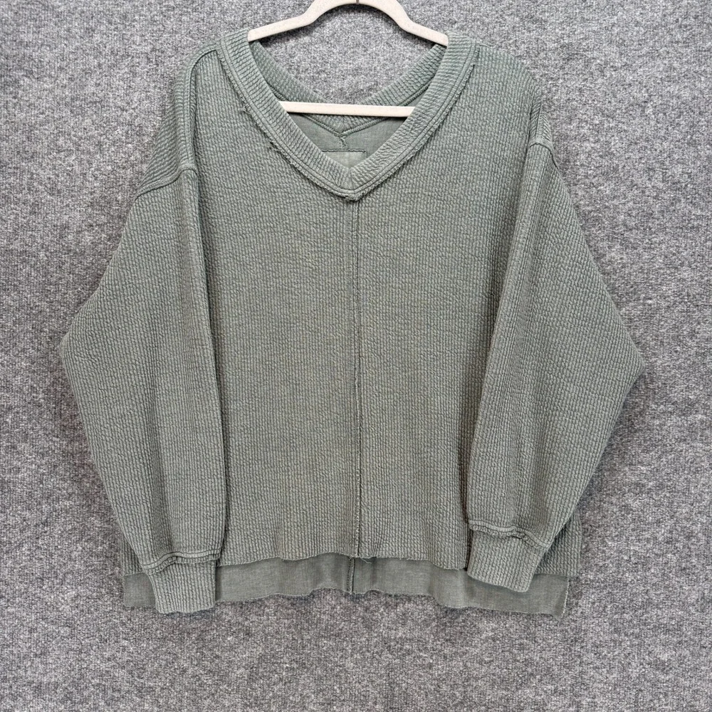Aerie Sweater Womens XS Green Waffle Knit V-Neck Oversized Thermal Sweatshirt